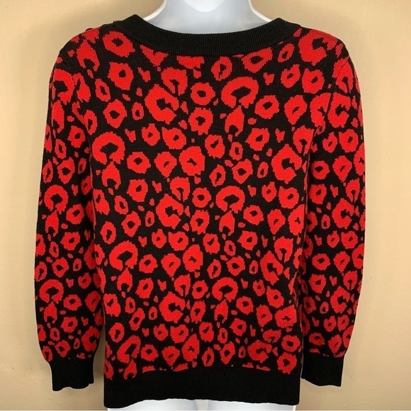 Vintage Kim Rogers Petite Medium Red Black Leopard Print Sweater Cotton - Picture 5 of 8